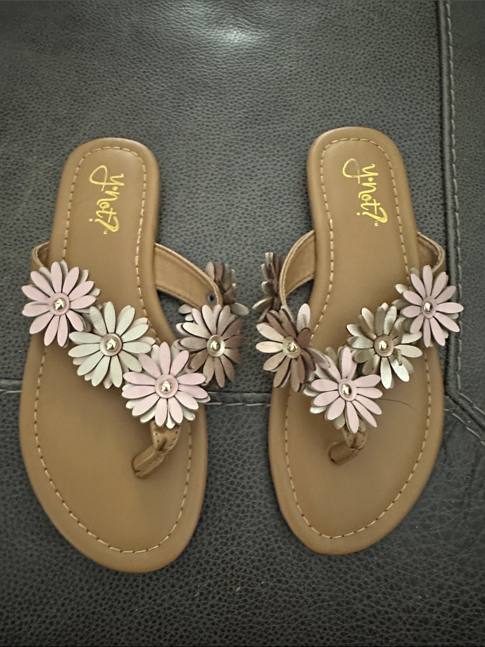 Girls' Floral Toe-Post Sandals in Tan with Pink & Silver Accents